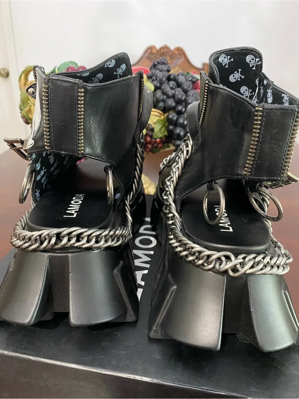 Black Platform Sandals with Skull Accent and Chain Detail